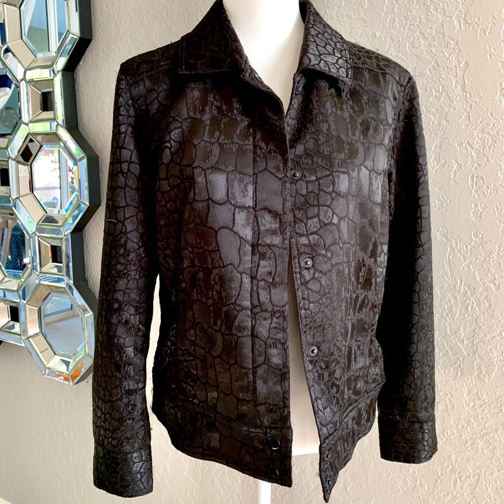 Chico’s black alligator print jacket shimmery